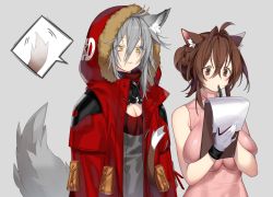 Rule 34 | 2girls, ahoge, animal ear fluff, animal ears, arknights, blush, braid, breasts, brown eyes, brown hair, cat ears, cat girl, cat tail, cleavage, clipboard, coat, commentary, crown braid, deathalice, doctor (arknights), dress, english commentary, female doctor (arknights), fur-trimmed hood, fur trim, fur trimm, gas mask, gloves, grey background, grey hair, grey shirt, hair between eyes, hair bun, highres, hood, hooded coat, large breasts, lips, long hair, looking at another, looking down, mask, mask around neck, medium breasts, medium hair, multiple girls, paper, pen, pen to mouth, pink dress, projekt red (arknights), reading, red coat, shirt, simple background, single hair bun, sleeveless, sleeveless dress, spoken tail, standing, tail, tail wagging, taut clothes, tight clothes, tight dress, turtleneck, turtleneck dress, upper body, white gloves, wolf ears, wolf girl, wolf tail, yuri
