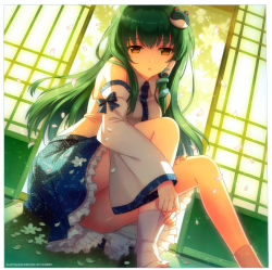 Rule 34 | 1girl, album cover, an2a, bare shoulders, cover, cropped, detached sleeves, female focus, flower, frog, green hair, hair ornament, heart, heart-shaped pupils, highres, kochiya sanae, long hair, petals, scan, sitting, solo, symbol-shaped pupils, tabi, touhou