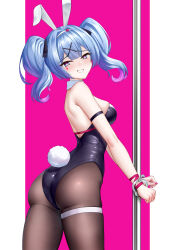 Rule 34 | 1girl, absurdres, animal ears, bare shoulders, black leotard, black pantyhose, blue eyes, blue hair, blush, breasts, commentary, detached collar, fake animal ears, hair ornament, hatsune miku, highres, leotard, looking at viewer, pantyhose, pink pupils, playboy bunny, pole, rabbit ears, rabbit hole (vocaloid), siberia potato, smile, solo, stripper pole, teardrop facial mark, twintails, x hair ornament