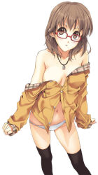Rule 34 | 1girl, bare shoulders, black thighhighs, brown eyes, brown hair, glasses, lowleg, lowleg panties, luna (reclaimed land), mole, mole under mouth, navel, no bra, off shoulder, original, panties, parted lips, red-framed eyewear, simple background, skindentation, solo, thighhighs, unbuttoned, underwear, white background