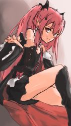 Rule 34 | 10s, 1girl, bad id, bad pixiv id, bare shoulders, black dress, boots, bow, detached sleeves, dress, highres, komasa (n o n o), krul tepes, long hair, owari no seraph, pink hair, pointy ears, red eyes, ribbon, sitting, smile, solo, thigh boots, thighhighs, vampire, very long hair