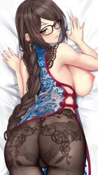 Rule 34 | 1girl, ass, back, black-framed eyewear, braid, braided ponytail, breasts, brown eyes, brown hair, brown pantyhose, china dress, chinese clothes, dress, embroidered legwear, fate/grand order, fate (series), glasses, highres, large breasts, long hair, looking at viewer, looking back, nipples, pantyhose, red trim, solo, untue, very long hair, yu mei-ren (fate), yu mei-ren (spare the idle talk) (fate)