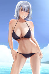 Rule 34 | 1girl, bare shoulders, bikini, bikini tug, blue sky, blush, breasts, cleavage, collarbone, contrapposto, cyka, duplicate, feet out of frame, girls&#039; frontline, gluteal fold, groin, halterneck, halterneck, hands on own hips, highres, large breasts, looking at viewer, navel, ocean, open mouth, panties, panty pull, pixel-perfect duplicate, purple bikini, purple eyes, rpk-16 (girls&#039; frontline), short hair, silver hair, sky, smile, solo, standing, swimsuit, thighs, underwear, water