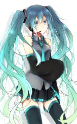 Rule 34 | 1girl, aqua hair, bare shoulders, blue eyes, commentary request, detached sleeves, gradient hair, green hair, hatsune miku, headphones, highres, long hair, long sleeves, looking at viewer, microphone, multicolored hair, necktie, simple background, skirt, solo, thighhighs, twintails, umigumo yuuna, very long hair, vocaloid, white background