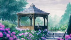 Rule 34 | architecture, artist name, bench, bush, cat, cloud, cloudy sky, commentary request, dated, flower, forest, gazebo, hydrangea, kaminaga mutsumi, looking at another, nature, no humans, original, overcast, pavilion, pink flower, railing, rain, scenery, signature, sitting, sky, stairs, table, tree, wooden bench