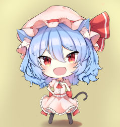 Rule 34 | 1girl, :d, absurdres, animal ear fluff, blue hair, brooch, chibi, dress, ei tantan, fang, full body, hat, highres, jewelry, kemonomimi mode, long hair, looking at viewer, mob cap, open mouth, pink dress, red eyes, remilia scarlet, simple background, skin fang, slit pupils, smile, solo, thighhighs, touhou