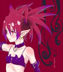 Rule 34 | 1girl, choker, disgaea, earrings, elbow gloves, etna (disgaea), female focus, flat chest, gloves, highres, jewelry, makai senki disgaea, motoi hiroumi, parted lips, pointy ears, red background, red hair, simple background, skull earrings, solo, twintails