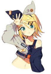 Rule 34 | 1girl, 300 water c, arm up, bare shoulders, blonde hair, bow, collarbone, cowboy shot, green eyes, hair bow, hair ornament, hairclip, hand up, kagamine rin, long sleeves, looking at viewer, navel, off shoulder, pout, short hair, simple background, solo, upper body, vivid bad squad rin, vocaloid, white background, x hair ornament