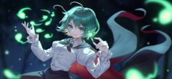 Rule 34 | 1girl, antennae, black cape, black pants, buttons, cape, closed mouth, frilled sleeves, frills, green eyes, green hair, hands up, juliet sleeves, long sleeves, non-web source, official art, pants, puffy sleeves, red cape, second-party source, shirt, short hair, smile, solo, touhou, touhou gensou eclipse, two-sided cape, two-sided fabric, u u zan, upper body, white shirt, wriggle nightbug