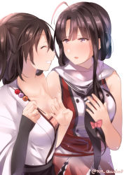 Rule 34 | 2girls, :d, ahoge, bad id, bad pixiv id, bare arms, bare shoulders, black neckerchief, bloom, blush, breasts, brown hair, character request, cleavage, closed eyes, collarbone, commentary request, cosplay, costume switch, food, food request, grin, hands up, holding, juurouta, kantai collection, long hair, looking at viewer, medium breasts, multiple girls, neckerchief, open mouth, profile, purple eyes, raised eyebrows, sendai (kancolle), sendai kai ni (kancolle), sideways mouth, simple background, smile, standing, twitter username, white background