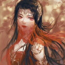 Rule 34 | 1girl, black hair, cai lin (doupo cangqiong), closed mouth, collar, detached collar, doupo cangqiong, dress, fanqie caibu chi tomato, from side, hair ornament, hair strand, jewelry, long hair, looking at viewer, metal collar, necklace, red dress, red eyes, smile, upper body, veil