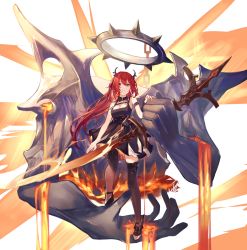 Rule 34 | 1girl, arknights, bare shoulders, collar, demon girl, demon horns, dress, high heels, highres, holding, holding weapon, horns, kneehighs, long hair, looking at viewer, lava, pixerite, red hair, socks, solo, spiked collar, spikes, surtr (arknights), sword, weapon
