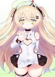 Rule 34 | 1girl, azur lane, bache (azur lane), bache (showy sports star) (azur lane), bare shoulders, black panties, black ribbon, blonde hair, blush, breasts, cameltoe, detached sleeves, gradient background, green-tinted eyewear, green-tinted glasses, hair ornament, hairclip, highres, kokone (coconeeeco), long hair, looking at viewer, open mouth, panties, purple eyes, replaceme, ribbon, short eyebrows, single thighhigh, small breasts, smile, solo, sportswear, sunglasses, tennis dress, tennis uniform, thigh strap, thighhighs, tinted eyewear, twintails, two side up, underwear, very long hair, visor cap, white thighhighs
