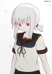 Rule 34 | 1girl, albino, alternate eye color, alternate hair color, anchor print, arms at sides, artist request, black sailor collar, black skirt, blue neckerchief, blush, breasts, closed mouth, collarbone, commentary, expressionless, fubuki (kancolle), gradient legwear, grey background, hair tie, kantai collection, looking down, low ponytail, multicolored clothes, multicolored legwear, neckerchief, pale skin, red eyes, sailor collar, school uniform, serafuku, short ponytail, short sleeves, simple background, skirt, solo, twitter username, upper body, white background, white hair