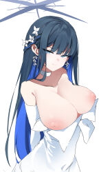 Rule 34 | 1girl, absurdres, black hair, blue archive, blue eyes, blue hair, blue halo, blush, breasts, choker, cleavage, closed mouth, collarbone, colored inner hair, dress, elbow gloves, gloves, halo, highres, large breasts, long hair, looking at viewer, multicolored hair, nipples, official alternate costume, saori (blue archive), saori (dress) (blue archive), silday, simple background, sleeveless, sleeveless dress, solo, white background, white choker, white dress, white gloves