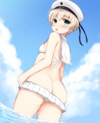 Rule 34 | 10s, 1girl, :o, ass, beret, bikini, blonde hair, blue sky, blush, breasts, cloud, day, don (29219), from behind, green eyes, hat, kantai collection, looking back, ocean, partially submerged, sailor bikini, sailor collar, short hair, sky, small breasts, solo, swimsuit, wading, water, white bikini, white hat, z1 leberecht maass (kancolle)