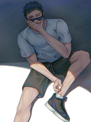 Rule 34 | 1boy, adjusting sock, aomine daiki, black footwear, black hair, black shorts, covering own mouth, foot out of frame, hand over own mouth, highres, kuroko no basuke, male focus, muscular, muscular male, one eye closed, outdoors, shirt, shoes, short hair, short sleeves, shorts, sitting, sneakers, solo, sunglasses, white shirt, yato (alphonse59)
