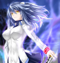 Rule 34 | 1girl, aura, blue hair, blue skirt, blurry, blurry background, breasts, closed mouth, collared shirt, commentary request, depth of field, eyelashes, hair between eyes, headgear, highres, katana, large breasts, long hair, long sleeves, looking at viewer, minarai tenna, original, outdoors, shirt, skirt, solo, sword, turtleneck, weapon, white shirt, wing collar, yellow eyes