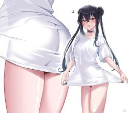 Rule 34 | 1girl, absurdres, ass, ass focus, black choker, black hair, black nails, breasts, choker, covered navel, double bun, earrings, hair bun, highres, jewelry, medium breasts, multicolored hair, multiple views, no pants, original, red eyes, ryudraw, shirt, shirt tug, sidelocks, simple background, solo, streaked hair, t-shirt, taut clothes, taut shirt, thighs, twintails, white background, white shirt