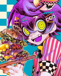 Rule 34 | 1boy, absurdres, burger, character request, cheese, child, commentary, food, hair between eyes, highres, holding, holding food, indie virtual youtuber, jewelry, lettuce, looking at viewer, male focus, meat, purple hair, ring, setoya0102, shirt, sticker, striped clothes, striped shirt, symbol-only commentary, tray, vertical-striped clothes, vertical-striped shirt, virtual youtuber, yellow eyes, youtube