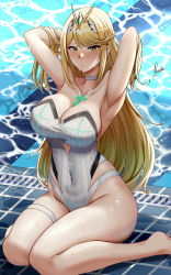 Rule 34 | 1girl, armpits, arms up, blonde hair, blush, breasts, chest jewel, choker, cleavage, closed mouth, collarbone, covered navel, curvy, hair lift, highres, kneeling, large breasts, long hair, mythra (radiant beach) (xenoblade), mythra (xenoblade), nintendo, official alternate costume, one-piece swimsuit, piukute062, pout, sitting, solo, straight hair, swimsuit, thigh strap, thighs, tiara, very long hair, wariza, xenoblade chronicles (series), xenoblade chronicles 2, yellow eyes