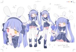 Rule 34 | 1girl, anger vein, animal ear headwear, animal ears, anime coloring, artist name, black bow, black bowtie, black choker, black footwear, black skirt, blue hair, blush, blush stickers, boots, bow, bowtie, character name, choker, daizu (melon-lemon), dated, english text, fake animal ears, finger to mouth, full body, garter straps, hair bow, hand up, hat, heterochromia, high-waist skirt, highres, holding, holding wand, long hair, long sleeves, looking at viewer, maebari, miniskirt, multiple views, no panties, open mouth, original, pom pom (clothes), rabbit ears, red eyes, sailor hat, shirt, sidelocks, simple background, skirt, sparkle, speech bubble, spoken anger vein, standing, star (symbol), sweat, thighhighs, twintails, upper body, very long hair, wand, white background, white headwear, white shirt, white thighhighs, yellow eyes