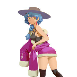 Rule 34 | 1girl, black tank top, black thighhighs, blue hair, braid, braided ponytail, breasts, closed mouth, coat, commentary request, cowboy shot, earrings, from behind, green eyes, grey hat, hat, jewelry, long hair, looking at viewer, looking back, medium breasts, mu si (africas), original, pink coat, simple background, single braid, smile, solo, tank top, thighhighs, white background