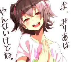 Rule 34 | 1girl, :d, akagi miria, animal print, black hair, blush, brown eyes, collarbone, commentary request, hair between eyes, half-closed eyes, hands up, happy, head tilt, highres, idolmaster, idolmaster cinderella girls, kotobuki (stealth sendan), looking at viewer, open mouth, own hands together, print shirt, rabbit print, shirt, short hair, short sleeves, simple background, smile, solo, teeth, translation request, two side up, upper body, upper teeth only, white background, white shirt