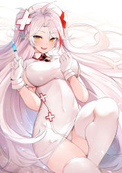 Rule 34 | 1girl, antenna hair, azur lane, blush, breasts, collared dress, covered navel, dress, gloves, hands up, hat, highres, holding, holding syringe, knee up, large breasts, long hair, looking at viewer, luse maonang, multicolored hair, no bra, nurse, nurse cap, open mouth, orange eyes, panties, parted bangs, pencil dress, prinz eugen (azur lane), short sleeves, sideboob, skindentation, smile, solo, streaked hair, syringe, thighhighs, thighs, underwear, very long hair, white dress, white gloves, white hair, white hat, white panties, white thighhighs