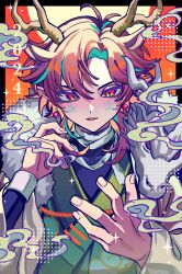 Rule 34 | 1boy, 2024, animal ears, antlers, aqua hair, bandages, brown hair, chinese zodiac, colored eyelashes, colored inner hair, dated, dragon boy, earrings, fur collar, green kimono, hands up, haori, haru4aki, highres, horns, japanese clothes, jewelry, kimono, long hair, long sleeves, looking at viewer, male focus, multicolored hair, open mouth, orange background, orange eyes, orange hair, original, pointy ears, scales, slit pupils, solo, sparkle, streaked hair, upper body, year of the dragon