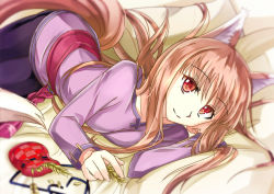 Rule 34 | 1girl, animal ears, bed, brown hair, holo, long hair, looking at viewer, lying, on side, pouch, red eyes, sky, smile, solo, spice and wolf, tail, wolf ears, wolf tail, yivlen
