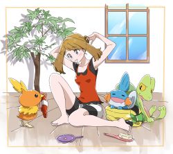 Rule 34 | 1girl, arms behind head, bag, barefoot, bike shorts, black shirt, blue eyes, breasts, brown hair, creatures (company), drooling, game freak, gen 3 pokemon, hair brush, hair tie, hand mirror, hari611, highres, in bag, in container, indoors, long hair, may (pokemon), mirror, mouth drool, mudkip, nintendo, no headwear, no shoes, on floor, plant, pokemon, pokemon (creature), pokemon oras, red tank top, shirt, sitting, small breasts, starter pokemon trio, tank top, torchic, treecko, tying hair, window, yellow bag