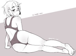 Rule 34 | 1girl, arm support, ass, bare legs, bare shoulders, barefoot, character name, closed mouth, competition swimsuit, feet, from behind, glasses, greyscale, hair ornament, hairclip, highres, kneepits, legs, looking at viewer, looking back, lying, monochrome, neyuki rei, on side, one-piece swimsuit, original, otouge azuki, short hair, smile, soles, solo, swimsuit, toes, twitter username, two-tone background