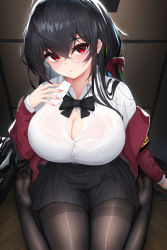 Rule 34 | 1girl, armband, azur lane, bag, black bow, black bowtie, black hair, black skirt, bow, bowtie, bra, bra visible through clothes, breasts, brown pantyhose, cleavage, collared shirt, crossed bangs, glasses, hair between eyes, hair bow, hand up, highres, jacket, large breasts, long hair, long sleeves, nekoda (maoda), no shoes, off shoulder, official alternate costume, pantyhose, pleated skirt, red bow, red eyes, red jacket, rimless eyewear, round eyewear, school bag, school uniform, see-through, see-through shirt, shirt, shirt tucked in, sidelocks, sitting, skirt, solo, taihou (azur lane), taihou (sweet time after school) (azur lane), thighband pantyhose, toes, underwear, wariza, white bra, white shirt, yellow armband