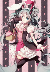 Rule 34 | 1girl, absurdly long hair, animal ears, aqua eyes, aqua hair, black gloves, black thighhighs, breasts, dress, elbow gloves, eyebrows, fake animal ears, full body, gloves, hatsune miku, highres, imoko (imonatsuki), long hair, looking at viewer, multicolored clothes, multicolored dress, open mouth, puffy short sleeves, puffy sleeves, rabbit ears, short sleeves, single glove, small breasts, solo, thighhighs, twintails, very long hair, vocaloid, zettai ryouiki