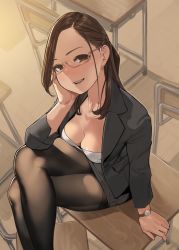 Rule 34 | 1girl, :d, arm support, black jacket, black skirt, blush, breasts, brown eyes, brown hair, chair, classroom, cleavage, collarbone, desk, earrings, fine fabric emphasis, forehead, formal, from above, glasses, hair ornament, hand on own cheek, hand on own face, head tilt, highres, jacket, jewelry, crossed legs, long hair, looking at viewer, lying, medium breasts, miru tights, okuzumi yuiko, on desk, on stomach, open clothes, open jacket, open mouth, pantyhose, pencil skirt, semi-rimless eyewear, shirt, sitting, on desk, skirt, skirt suit, smile, soles, solo, suit, thighs, watch, white shirt, yellow-framed eyewear, yomu (sgt epper)