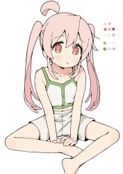 Rule 34 | 1girl, :o, ahoge, bare arms, bare shoulders, barefoot, blush, camisole, color guide, genderswap, genderswap (mtf), hair between eyes, highres, long hair, looking at viewer, onii-chan wa oshimai!, oyama mahiro, parted lips, pink hair, red eyes, seramikku, shorts, simple background, sitting, solo, twintails, very long hair, white background, white camisole, white shorts
