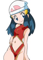 Rule 34 | 10s, 1girl, blue eyes, blue hair, breasts, chinese clothes, creatures (company), curvy, dawn (pokemon), dress, female focus, game freak, hainchu, happy, hat, looking at viewer, matching hair/eyes, midriff, navel, nintendo, pokemon, pokemon (anime), small breasts, smile, stomach, thighs