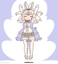 Rule 34 | 1girl, animal ears, arms up, blue background, boots, bow, bowtie, coroha, elbow gloves, extra ears, full body, gloves, grey hair, jacket, jumping, kemono friends, kemono friends 3, long hair, looking at viewer, rabbit ears, rabbit girl, rabbit tail, ribbon, shirt, simple background, skirt, snowshoe hare (kemono friends), solo, tail