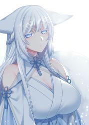 Rule 34 | 1girl, animal ears, blue eyes, breasts, cleavage, clothing cutout, fox ears, fox tail, konshin, large breasts, long hair, looking at viewer, original, shoulder cutout, solo, tail, upper body, white hair