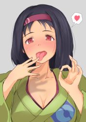 Rule 34 | 1girl, alternate color, black hair, blush, breasts, cleavage, collarbone, creatures (company), erika (pokemon), finger to tongue, game freak, green kimono, grey background, hairband, hands up, heart, japanese clothes, kimono, looking at viewer, medium hair, mixed-language commentary, nintendo, ok sign, open mouth, poke ball print, pokemon, pokemon frlg, rarumu (user hynj3338), red eyes, red hairband, simple background, solo, spoken heart, tongue, tongue out