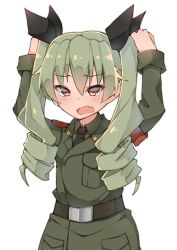 Rule 34 | 10s, 1girl, anchovy (girls und panzer), armband, bad id, bad pixiv id, belt, blouse, blush, commentary request, drill hair, fang, girls und panzer, green shirt, green hair, green jacket, green shirt, hair between eyes, hair ribbon, highres, huuapainter, jacket, long hair, long sleeves, looking at viewer, military, military uniform, necktie, open mouth, red eyes, ribbon, shirt, shoulder belt, solo, twin drills, twintails, uniform, upper body, wavy mouth, white background