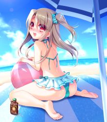 Rule 34 | 1girl, ass, ball, bare arms, bare back, bare shoulders, barefoot, beach, beach towel, beach umbrella, beachball, bikini, bikini skirt, blue bikini, blue ribbon, blush, cloud, day, fate/kaleid liner prisma illya, fate (series), from behind, glint, hair ornament, hair scrunchie, hlz, horizon, illyasviel von einzbern, lens flare, light brown hair, looking at viewer, looking back, lotion, lotion bottle, nose blush, ocean, official alternate costume, one side up, outdoors, plantar flexion, red eyes, ribbon, sand, scrunchie, shore, sitting, soles, solo, sunlight, swimsuit, toes, towel, umbrella, wariza, water