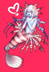 Rule 34 | 1girl, chimera, fins, heart, highres, lionfish, looking at viewer, mermaid, monster girl, red background, simple background, smile, tagme, topless