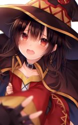 Rule 34 | 1girl, absurdres, black cape, black choker, black gloves, black hat, blurry, blurry foreground, blush, brown hair, cape, choker, collarbone, commentary, commission, depth of field, dress, fingerless gloves, foreshortening, gloves, hair between eyes, hand on own chest, hat, highres, kono subarashii sekai ni shukufuku wo!, kuro namako, looking at viewer, megumin, messy hair, open mouth, raised eyebrows, reaching, reaching towards viewer, red dress, red eyes, short hair, sidelocks, simple background, solo, white background, witch hat