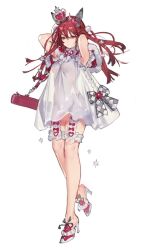 Rule 34 | 1girl, animal ears, armpits, arms behind head, crown, dress, fake animal ears, full body, high heels, long hair, looking at viewer, mini crown, original, red eyes, red hair, see-through, simple background, solo, standing, starshadowmagician, white background, white dress