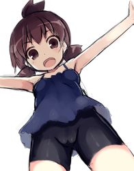 Rule 34 | 1girl, :d, armpits, bare arms, bare shoulders, bike shorts, black shorts, blue shirt, blush, brown hair, cowboy shot, from below, kurasuke, looking at viewer, looking down, low twintails, marui futaba, mitsudomoe, open mouth, outstretched arms, shirt, short twintails, shorts, simple background, sketch, sleeveless, sleeveless shirt, smile, solo, spread arms, topknot, twintails, white background