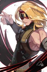 Rule 34 | 1boy, absurdres, arere r, bare shoulders, belt, black bodysuit, blindfold, blonde hair, bodysuit, eddie (guilty gear), guilty gear, guilty gear strive, highres, long hair, male focus, muscular, muscular male, open mouth, shadow, signature, solo, zato-1