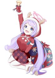 Rule 34 | 1girl, absurdres, blue archive, blue hair, halo, hanae (blue archive), hanae (christmas) (blue archive), highres, looking at viewer, pantyhose, pink halo, purple hair, sitting, solo, white pantyhose