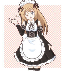 Rule 34 | 10s, 1girl, ;d, alternate costume, apron, atair, blue eyes, blush, brown hair, checkered background, choujigen game neptune mk2, detached sleeves, dress, enmaided, long hair, long sleeves, looking at viewer, maid, maid apron, maid headdress, md5 mismatch, neck ribbon, neptune (series), one eye closed, open mouth, ram (neptunia), ribbon, smile, solo, star (symbol), striped clothes, striped thighhighs, thighhighs, waist apron, wink, zettai ryouiki